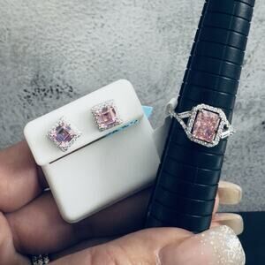 Beautiful Pink Sapphire Ring & Earrings Set, 925 Sterling Silver, Size 8.5~ New